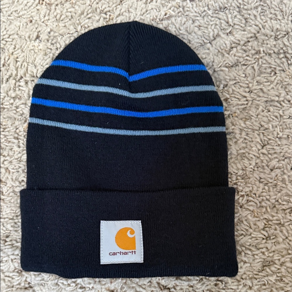 Carhartt Black Beanie with Blue & Gray Stripe Accents
